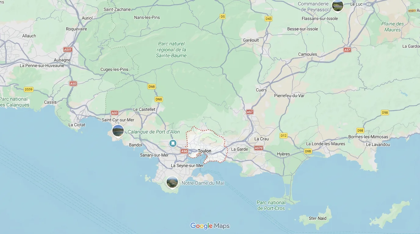 Carte des communes du Var desservies par CHM Services (Toulon, Hyères, La Ciotat, La Seyne-sur-Mer, Six-Fours, Ollioules, Sanary, Bandol, Cuers, Garéoult)