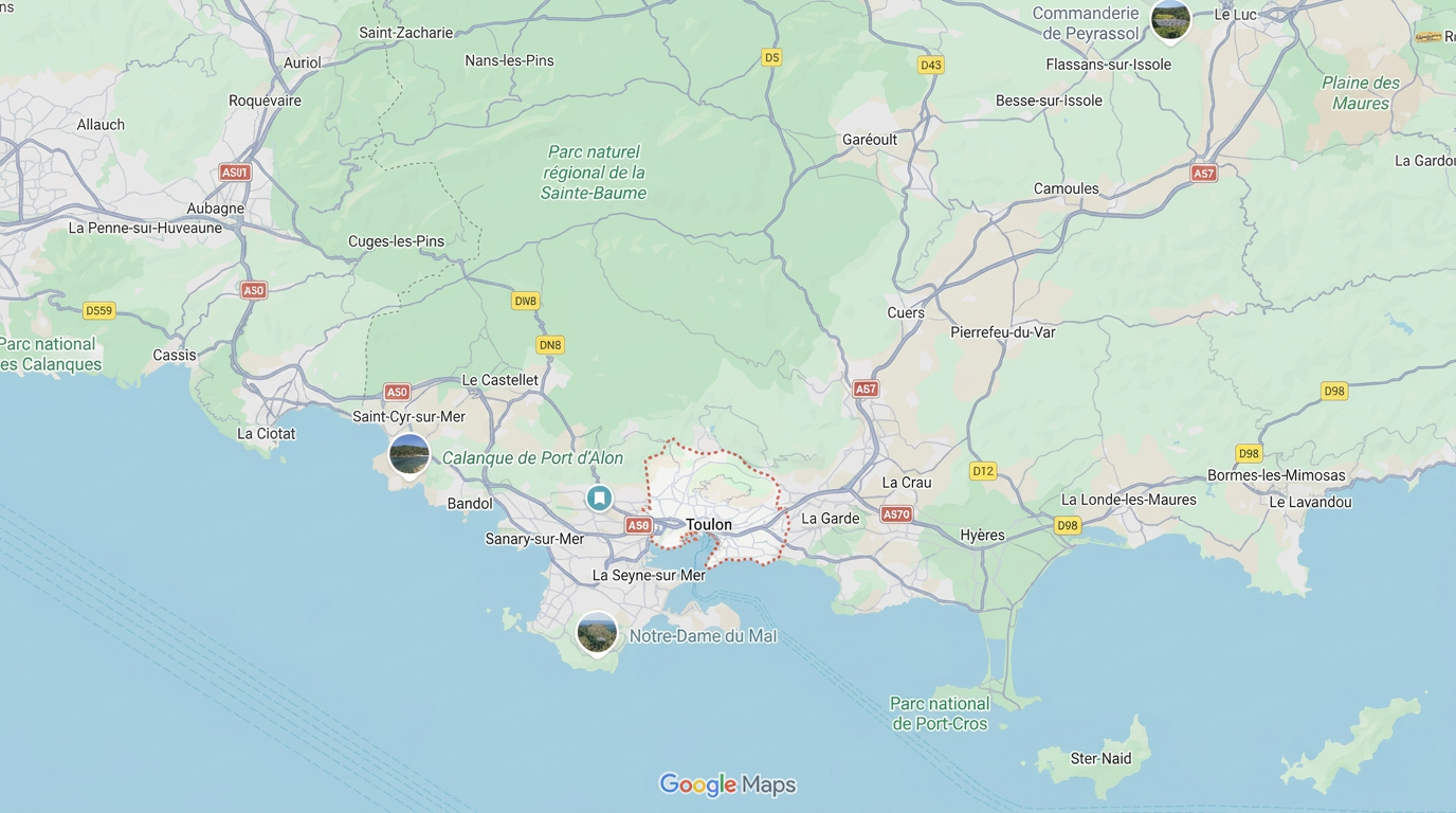 Carte des communes du Var desservies par CHM Services (Toulon, Hyères, La Ciotat, La Seyne-sur-Mer, Six-Fours, Ollioules, Sanary, Bandol, Cuers, Garéoult)