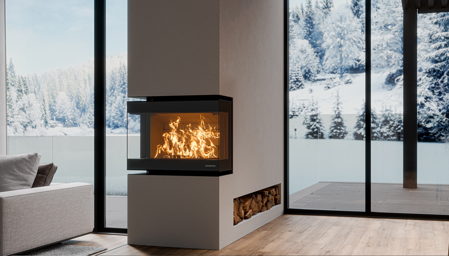 Insert Thermorossi installé dans un salon contemporain face à un paysage enneigé