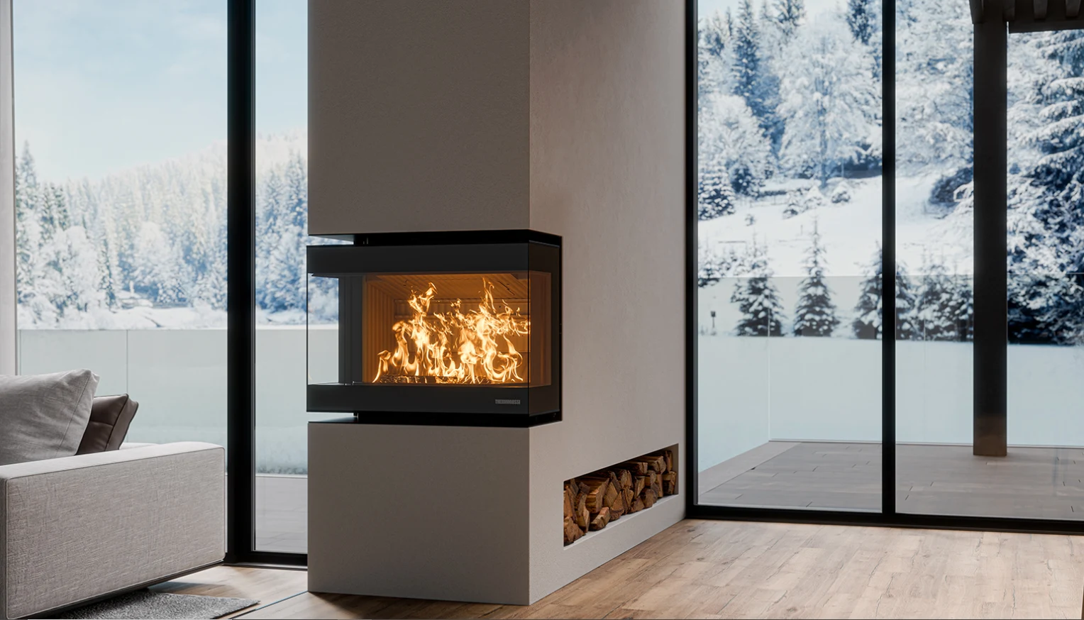 Insert Thermorossi installé dans un salon contemporain face à un paysage enneigé